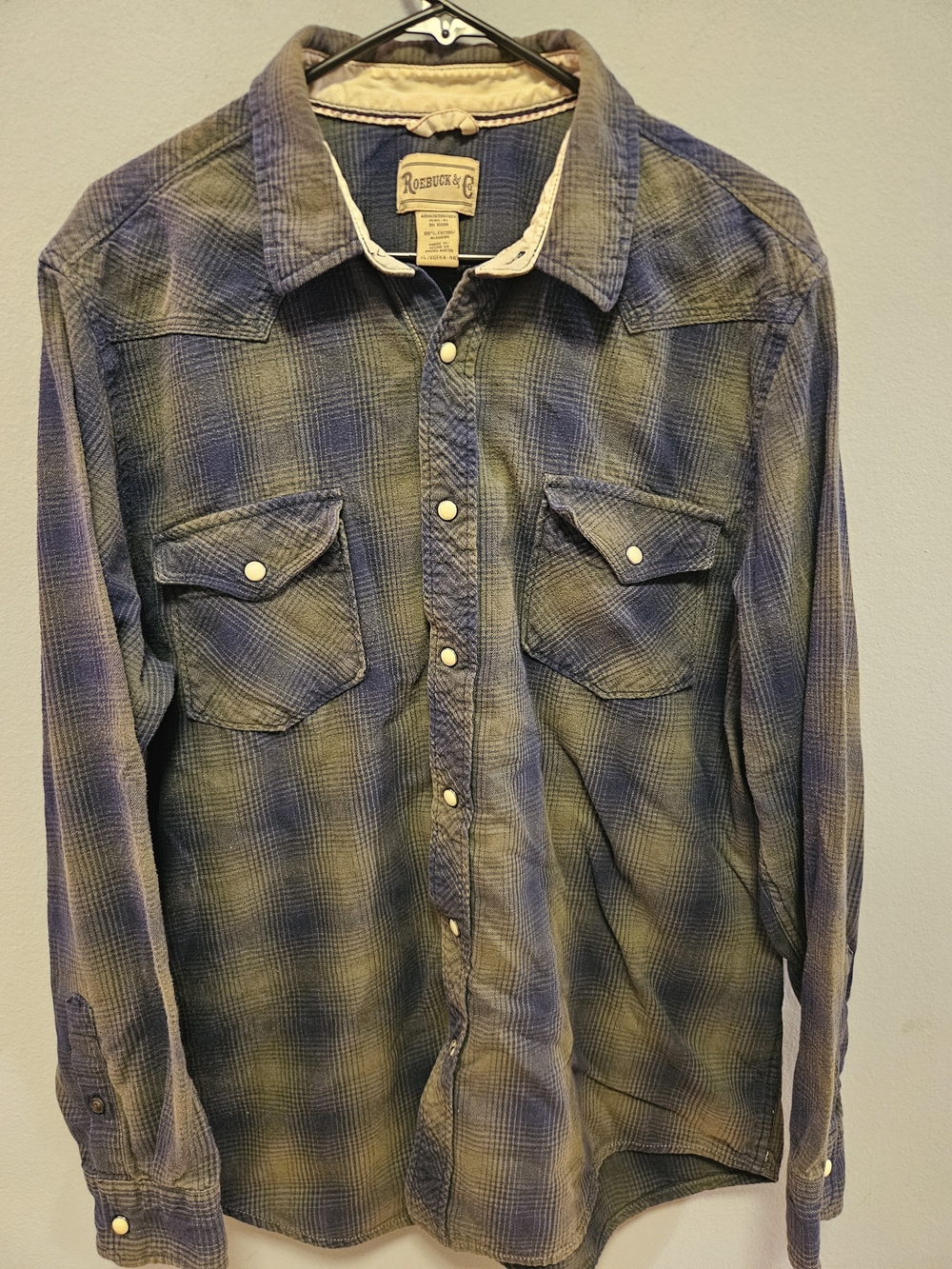 Roebuck And Co Western XL Pearl Snap Shirt Blue Plaid Cowboy Y2K Faded